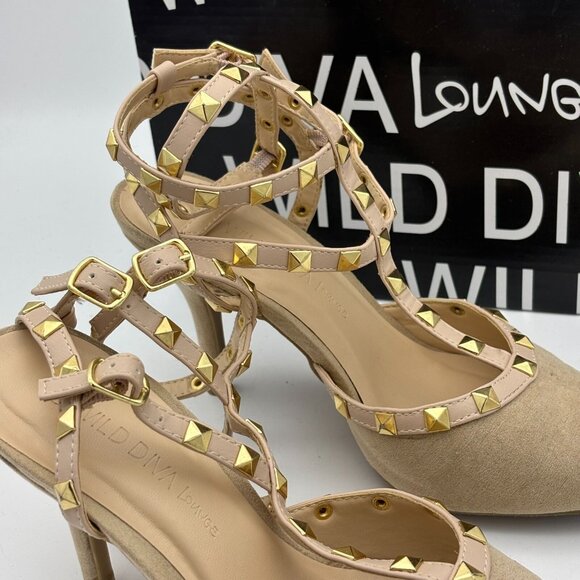 Wild Diva Heels Studded Beige & Gold Stiletto Buckle Accent Pointed Closed Toe - Picture 3 of 6